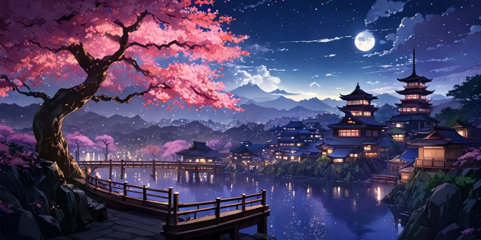 A painting of a Highly detailed, beautiful landscape,  Japanese city, sakura tree, concept art inspired by Tosa Mitsuoki, pixiv contest winner, best quality, fantasy art, beautiful anime scene, dream painting, Anime Background Art, Fantasy Landscape Art, Fantasy Night, Anime Background, Background Artwork, Fantastic Art, Atmospheric Anime, Night time, Detail Enhanced.
