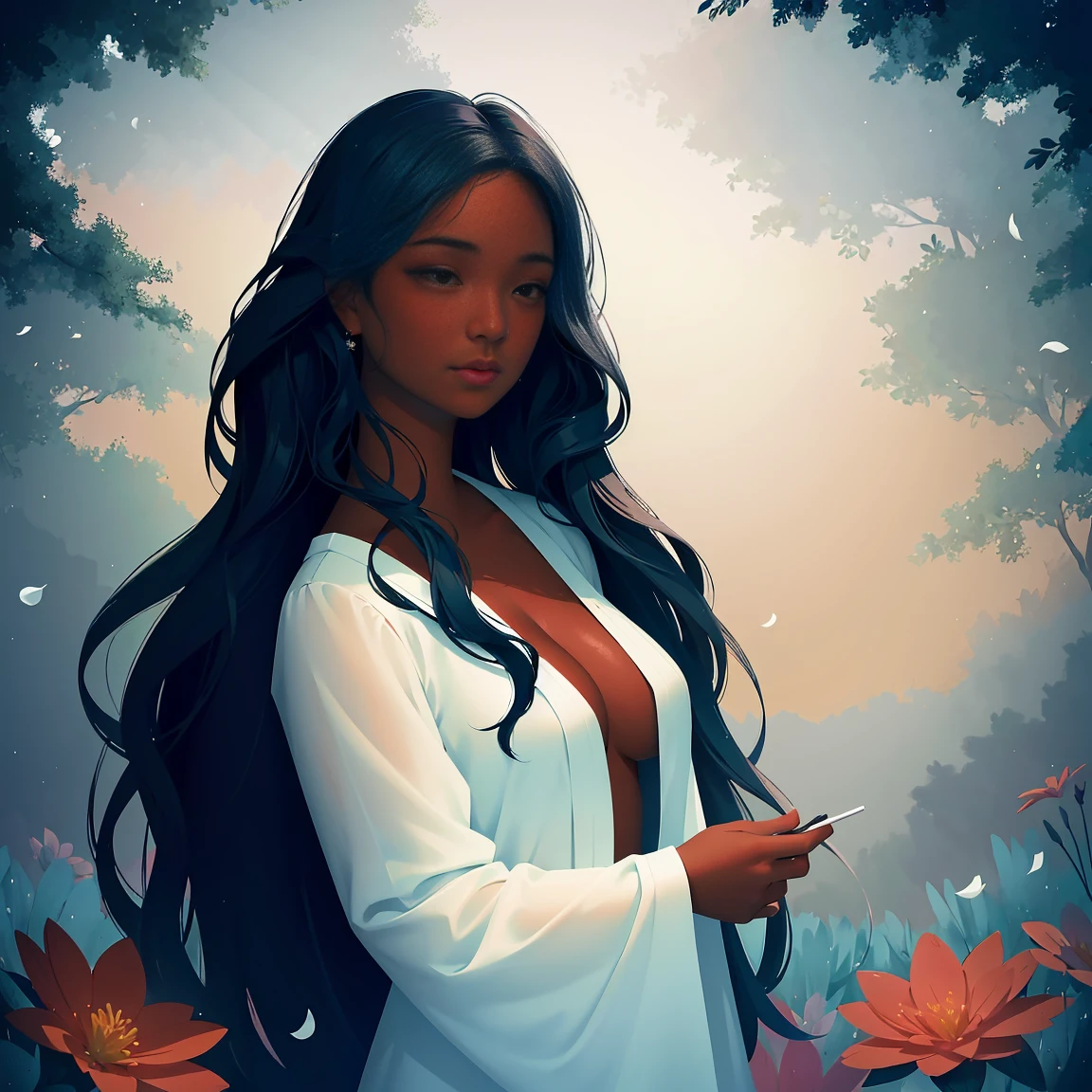 The prompt to generate a Stable Diffusion image with the theme "A black girl in a peaceful garden" could it be:
"(best qualityer, high resolution, illustration:1.2), long eyelashes, rich ebony skin, Ethiopian characteristics, jardim tranquilo, soft lighting, dreamy atmosphere, magical world, details Intricate, kind smile, summer breeze, joyful atmosphere, Moist skin, Wavy hair, flowy suit, flowers blooming, happy notes, natural portrait, light and shadow play, serene soul, elegant pose, subtle expression, lovely eyes, captivating smile, Flawless makeup, mysterious flowers, Exquisite Patterns, horizontal scrolling, tranquil atmosphere"
