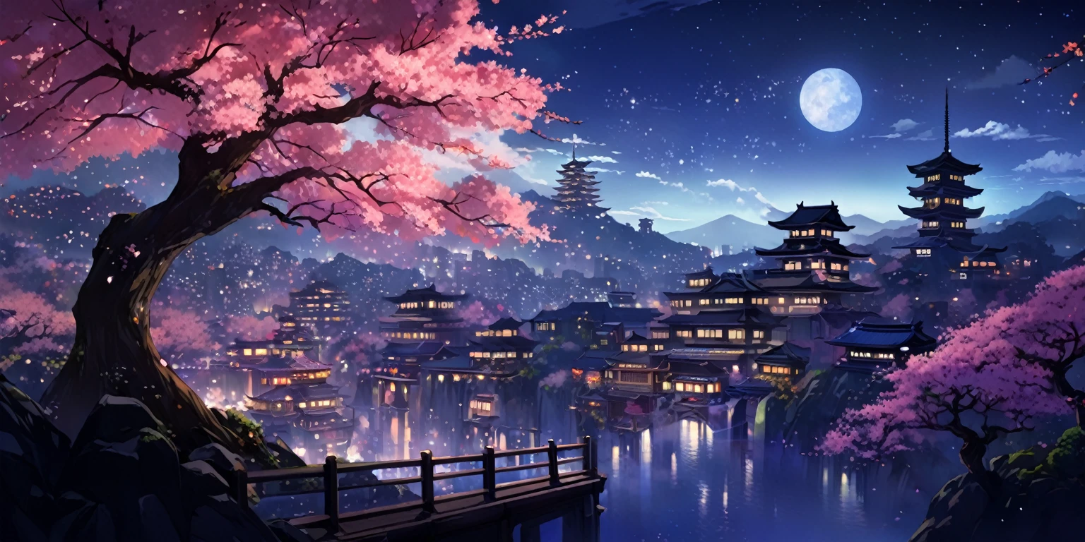 A painting of a Highly detailed, beautiful landscape, Futuristic Japanese city, sakura tree, concept art inspired by Tosa Mitsuoki, pixiv contest winner, best quality, fantasy art, beautiful anime scene, dream painting, Anime Background Art, Fantasy Landscape Art, Fantasy Night, Anime Background, Background Artwork, Fantastic Art, Atmospheric Anime, Night time, Detail Enhanced.