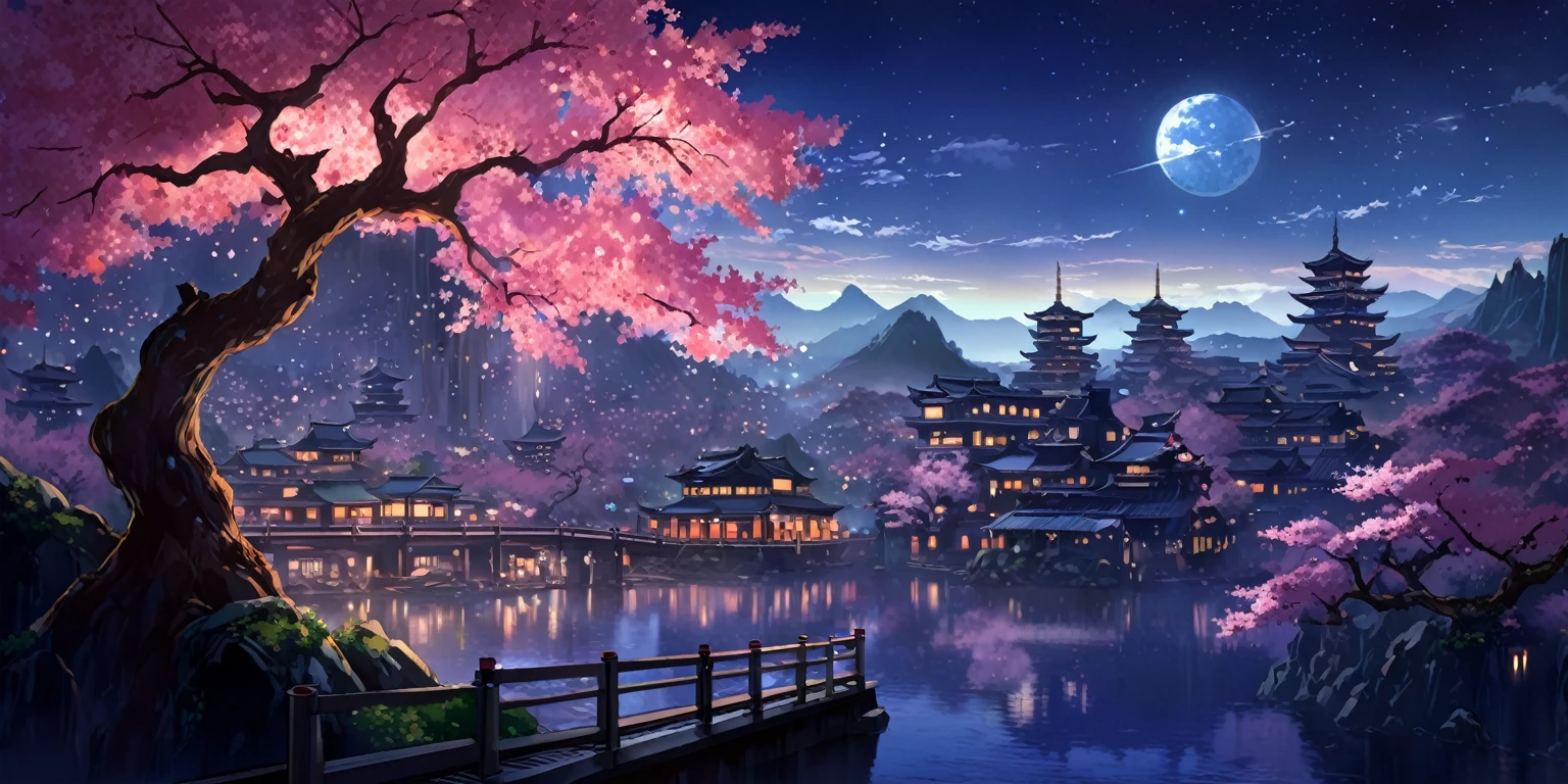 A painting of a Highly detailed, beautiful landscape, Futuristic Japanese city, sakura tree, concept art inspired by Tosa Mitsuoki, pixiv contest winner, best quality, fantasy art, beautiful anime scene, dream painting, Anime Background Art, Fantasy Landscape Art, Fantasy Night, Anime Background, Background Artwork, Fantastic Art, Atmospheric Anime, Night time, Detail Enhanced.