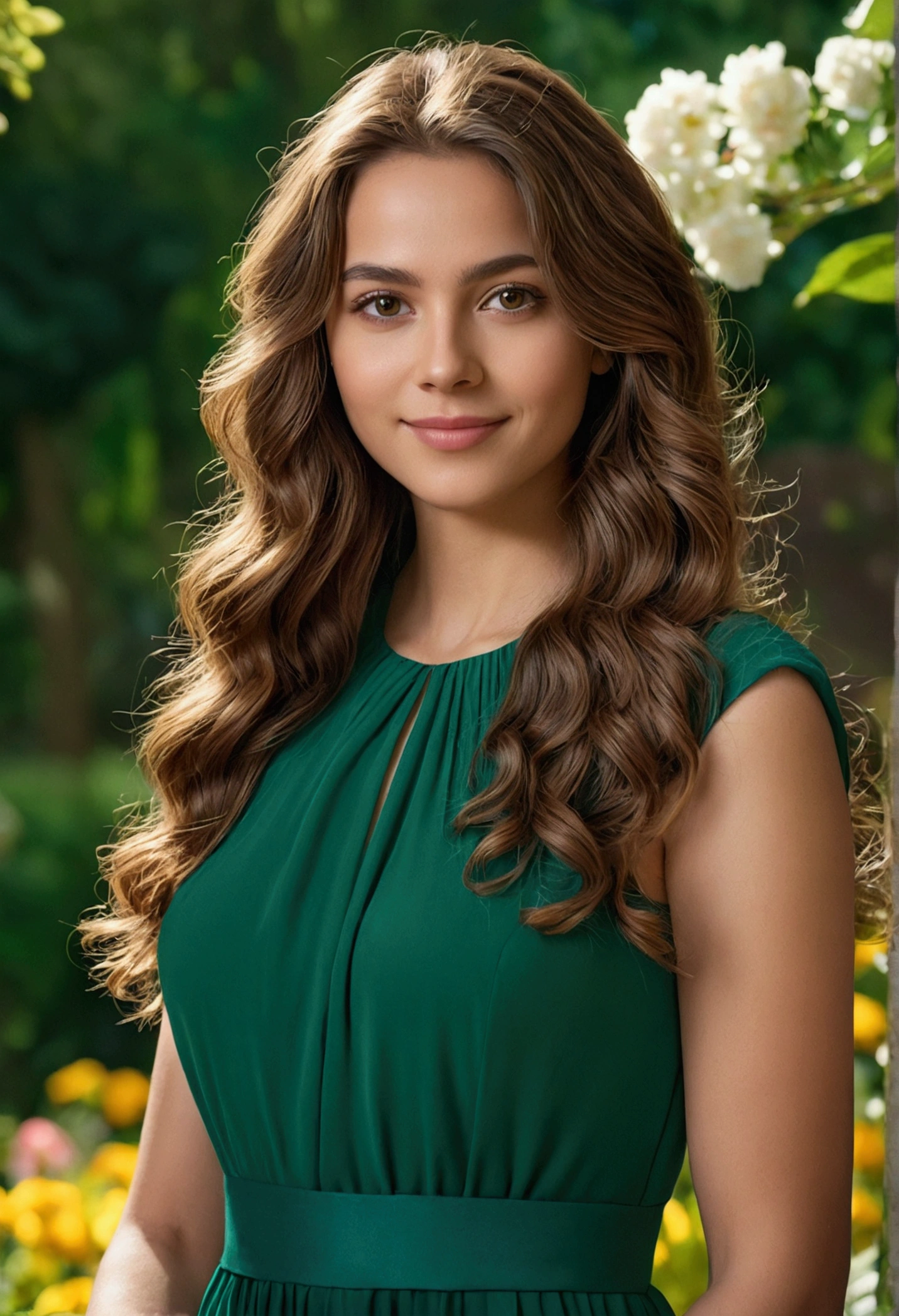 a beautiful young woman looking directly at the camera, detailed face and eyes, long wavy brown hair, warm smile, elegant green dress, standing in a lush garden with flowers and trees, natural sunlight, cinematic lighting, highly detailed, photorealistic, 8k, masterpiece