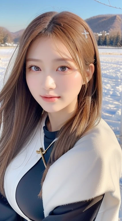 Beautiful girl with perfect figure:1.4, , Cleavage, Layered hairstyles for huge breasts, (clergyman:1.5), Jewelry decoration, Highly detailed face and skin texture, double eyelid, Whitening the skin, Long Hair, (Snowy field in the background), Diamond dust,