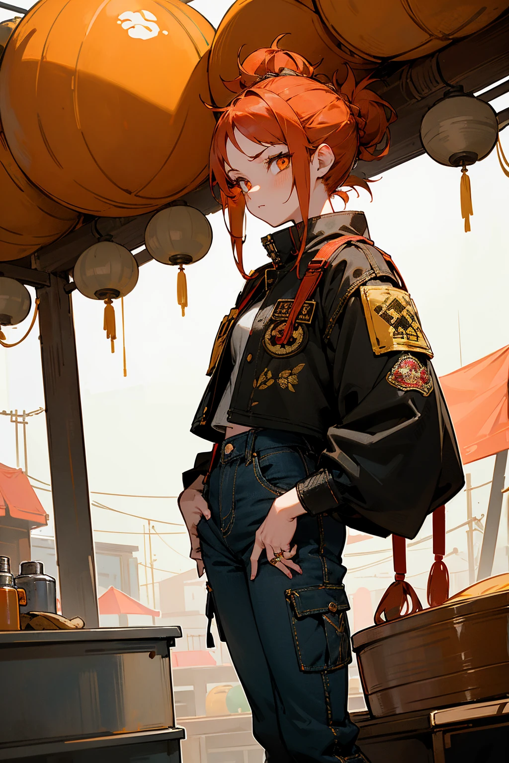 1female, fiery red hair, styled in a high, messy bun, bright gold eyes, determined expression, oversized black denim jacket with colorful embroidered patches, baggy rust-colored cargo pants, chunky white boots, a simple gold ring, vibrant street market background with bustling stalls and hanging lanterns, detailed face, hands to side, standing on path