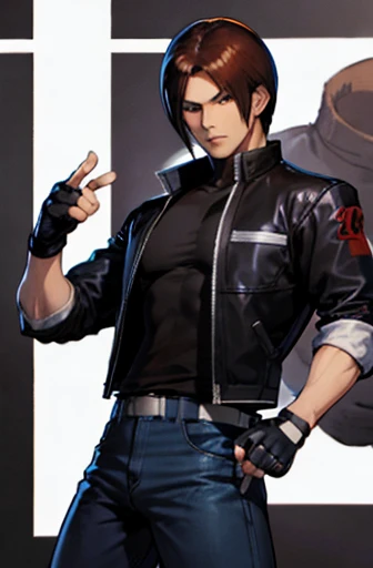 Kusanagi Kyo, Nest Kyo, KOF2002 2002, The King of Fighters 2002, Kusanagi Kyo 2002, White jacket, black t-shirts, Cross T-shirt, jeans, Fingerless gloves, Brown Hair