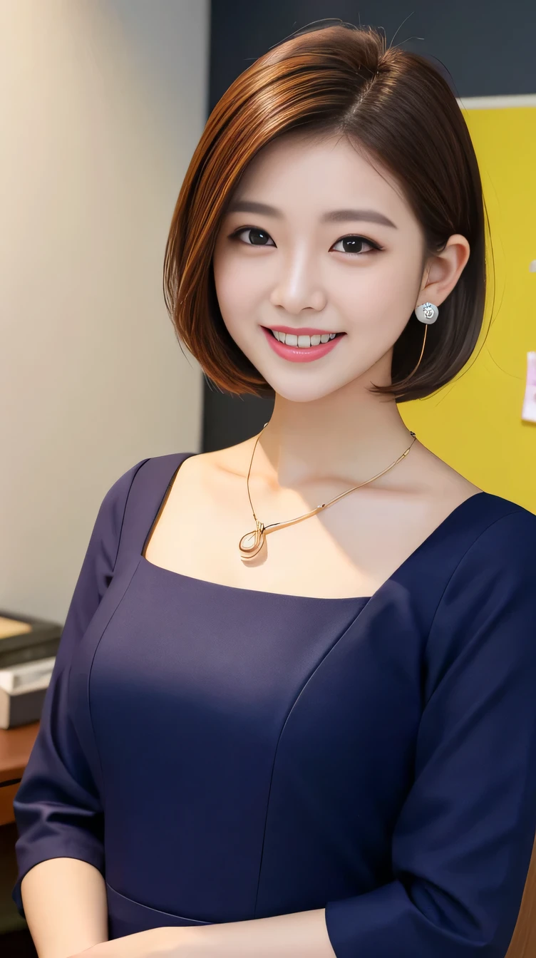 RAW Photos, High resolution, Very detailed, Intricate details, 、ear piercing、smile、Beautiful teeth alignment、Short Haircut、Brown Hair、Clear beauty,(High quality fabric, Office Lady Suits 、Necklace around the neck、, The background is the office