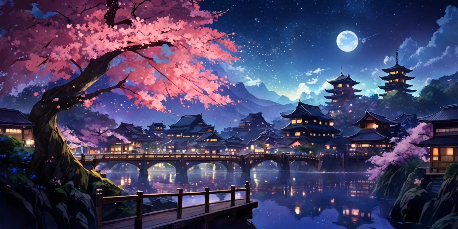 A painting of a Highly detailed, beautiful landscape, Futuristic Japanese city, sakura tree, concept art inspired by Tosa Mitsuoki, pixiv contest winner, best quality, fantasy art, beautiful anime scene, dream painting, Anime Background Art, Fantasy Landscape Art, Fantasy Night, Anime Background, Background Artwork, Fantastic Art, Atmospheric Anime, Night time, Detail Enhanced.