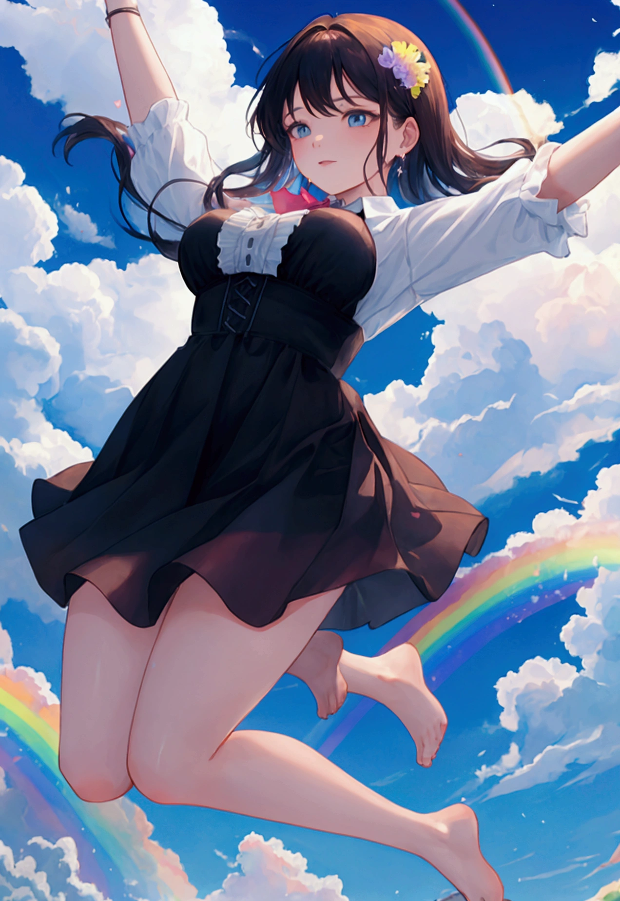 A woman jumping towards a rainbow sky