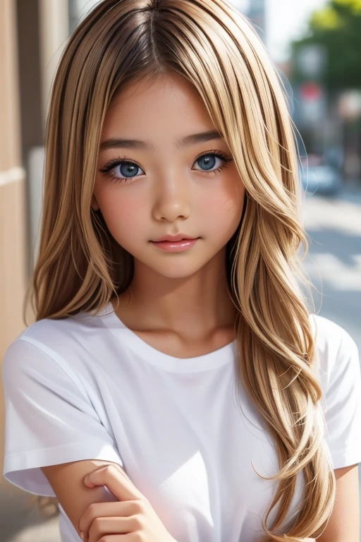 (Detailed face:1.3),1人のgirl, 18-year-old、cute、(((Euphoric face:1.2)))、(A tight plain white T-shirt:1.3)、Tight T-shirt、、Big Breasts 、Brown eyes, ((Gal Hairstyles)) Blonde Hair、girl, (Eye and facial details:1.0), break, (masterpiece, Highest quality, Very detailed,8k:1.3),Put your hands behind your back:1.2
