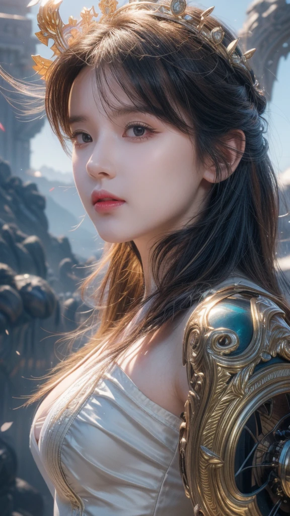 Ethereal goddess portrait, Wheels within wheels, elegant, Very detailed, number, Art Station, concept art, Smooth, Clear focus, illustration, Artgerm and Greg Rutkowski and art by Alphonse Mucha and William - Adolphe Bouguereau and Stephanie Lowe , epic royal background, large royal untrimmed crown, royal jewelry, robot, nature, panoramic, symmetry, Greg Rutkowski, Charlie Bowwater, Bepple, Unreal 5, Surrealism, Dynamic Lighting, Fantasy Art