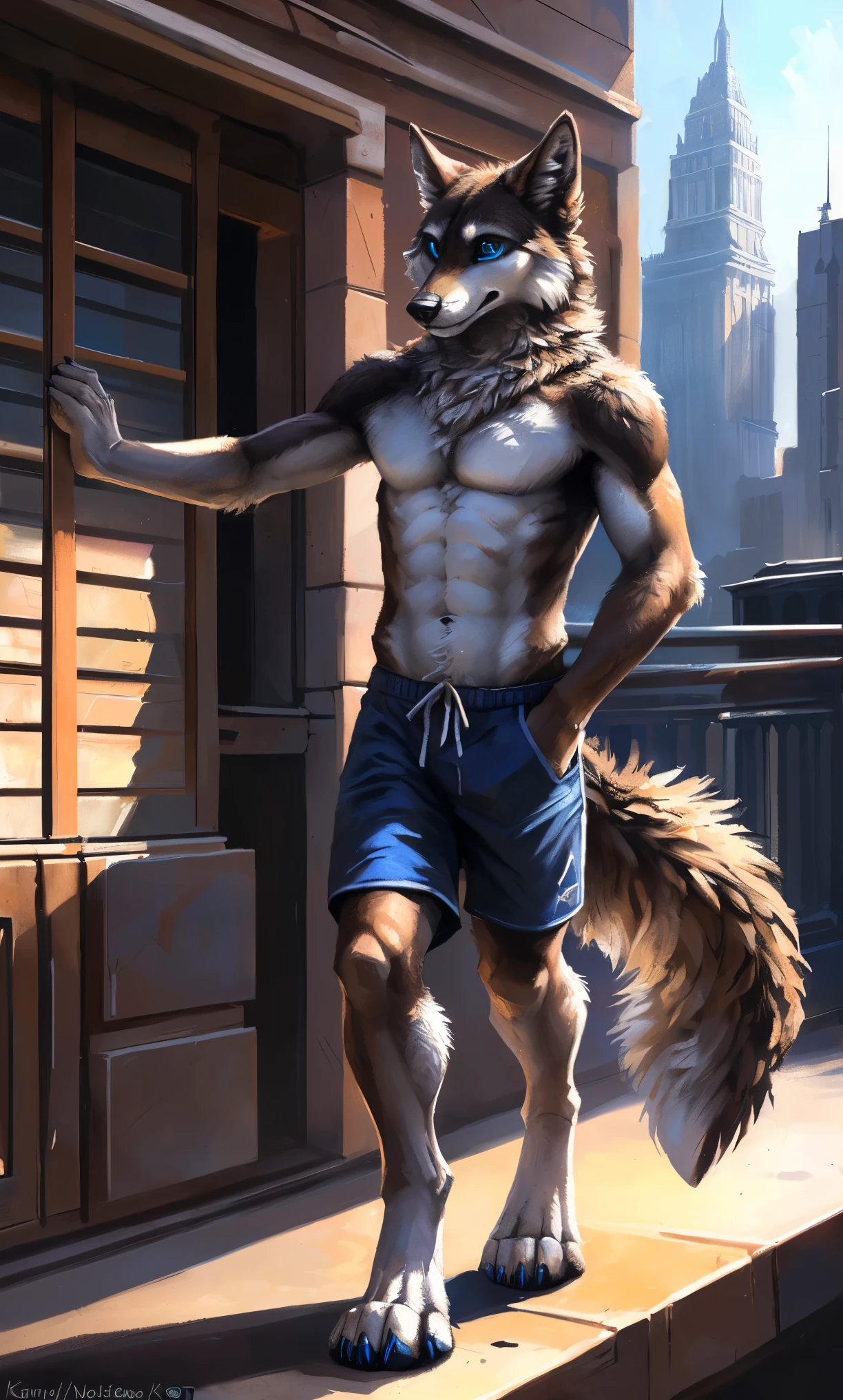 ((Solo)), male people, anthro wolf, (Multi-colored fur, White-brown:1.3,White tail pointed), (Height 2.1m,Tail length 1.2m), ((Wolf face, Big eyes, White eyelids, Blue pupil, Slim:1.2) (Tough, Calm expression:1.2)), Abs, Slim, pinging)), (Correct anatomy), (Work shorts:1.1), The upper body naked, (detailed outfits),A long big tail,Feet,(Realistic fur, Detailed fur texture, labeled:1.3)), (Natural lighting), Photorealistic, Hyperrealistic, ultradetailed, by Kenket,Modern city,erect through,Running on