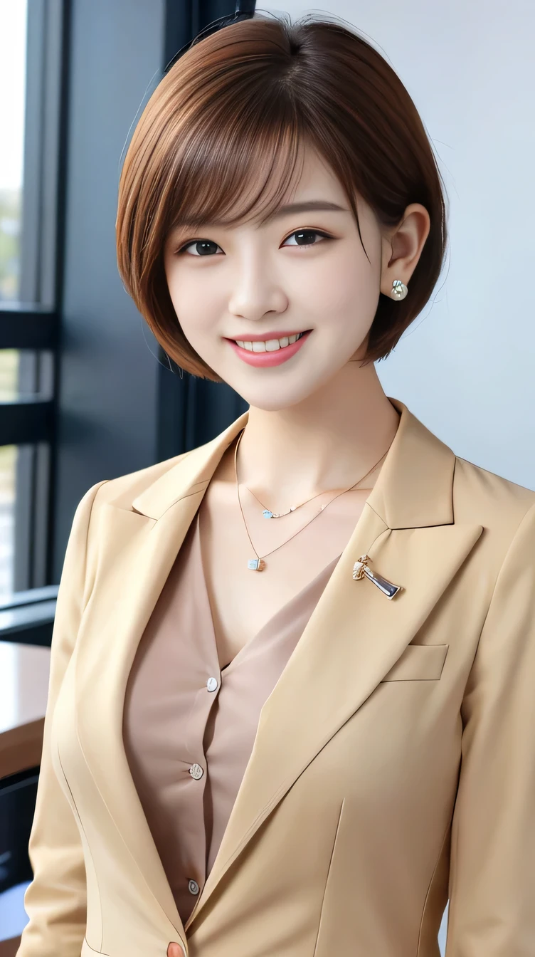 RAW Photos, High resolution, Very detailed, Intricate details, 、ear piercing、smile、Beautiful teeth alignment、Short Haircut、Brown Hair、Clear beauty,(High quality fabric, Office Lady Suits 、Necklace around the neck、, The background is the office