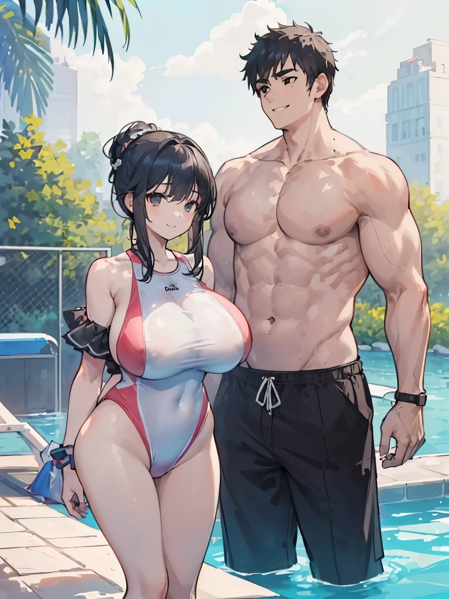 ((Pool:1.2)),(((1 man ＆ 1girl is lined up:2.0))),((A woman with huge breasts is wearing a high-cut swimsuit:2.0)),((1. The man is shirtless.:2.0)),(Smiling Beam:1.5), Two people,Highest quality, 4K, masterpiece, Very detailedな, Studio Lighting, Hilarious, Vivid expression,super high quality, Very detailed,Perfect photo,3d,8k,High resolution,Black Hair,(black eye:1.5),Sporty hairstyles,Smooth anime CG art, 