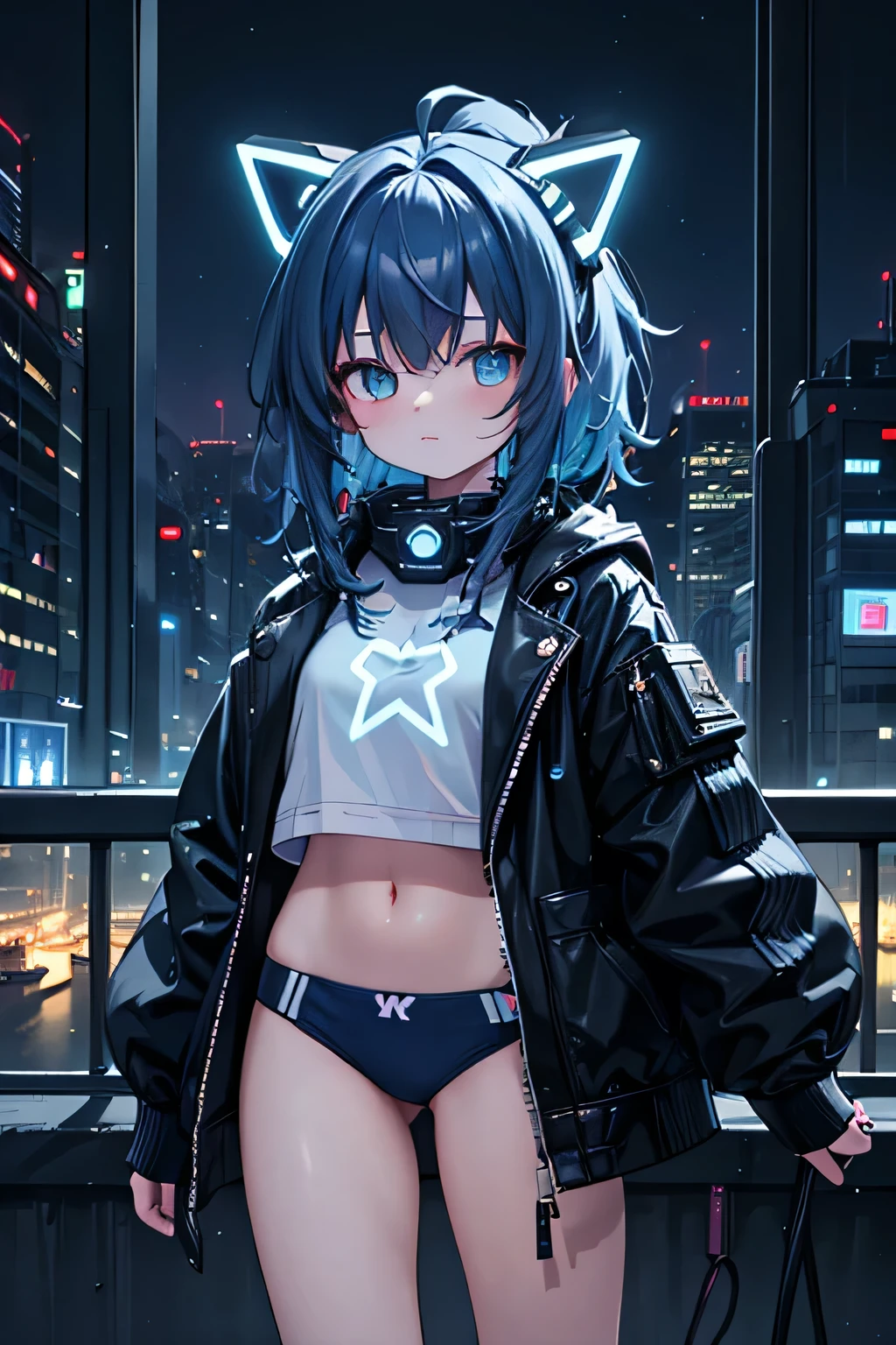 (masterpiece), cyber punk, city, night, Neon Light, city lights, One Girl, Dark blue hair and light blue underwear, Medium Hair,Fluorescent yellow star-shaped hair accessory