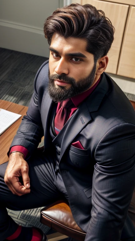 masterpiece, best quality, high resolution, full body portrait, male focus, half body focus, from above view, A indian man, 30 years old, with business suit, formal shoes and socks, sitting on chair with spread legs, brown hair, messy hairstyle, cute and seductive face, big chest, facial hair, roman nose, very skinny body, hairy legs, dimples, beard, bold jawline, masterpiece, below, amazing composition, front view, HDR, ultra quality, elegant, highly detailed, in sunlight 