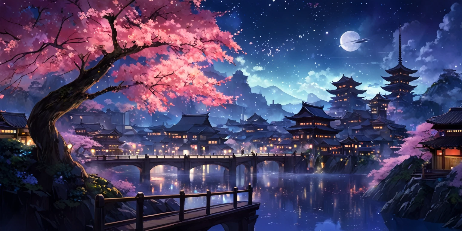 A painting of a Highly detailed, beautiful landscape, Futuristic city, sakura tree, concept art inspired by Tosa Mitsuoki, pixiv contest winner, best quality, fantasy art, beautiful anime scene, dream painting, Anime Background Art, Fantasy Landscape Art, Fantasy Night, Anime Background, Background Artwork, Fantastic Art, Atmospheric Anime, Night time, Detail Enhanced.
