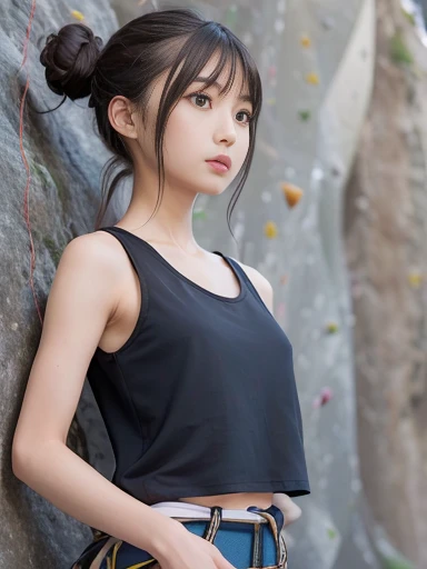Japanese female, a lot of details, (underweight), detailed black hair, beautiful detailed hair, super fucking beautiful, delicate beautiful face, complex details beautiful and delicate eyes, perfect hands, (flat chest best quality:1.5), perfect and delicate limbs, detailed skin, best quality, ultra-detailed,mountain, standing, hair bun, (blue gym uniform), (white tank top), ((on the cliff)), (with a cliff:1.2), (doing rock climbing:1.4), full body shot, from behind, low angle shot