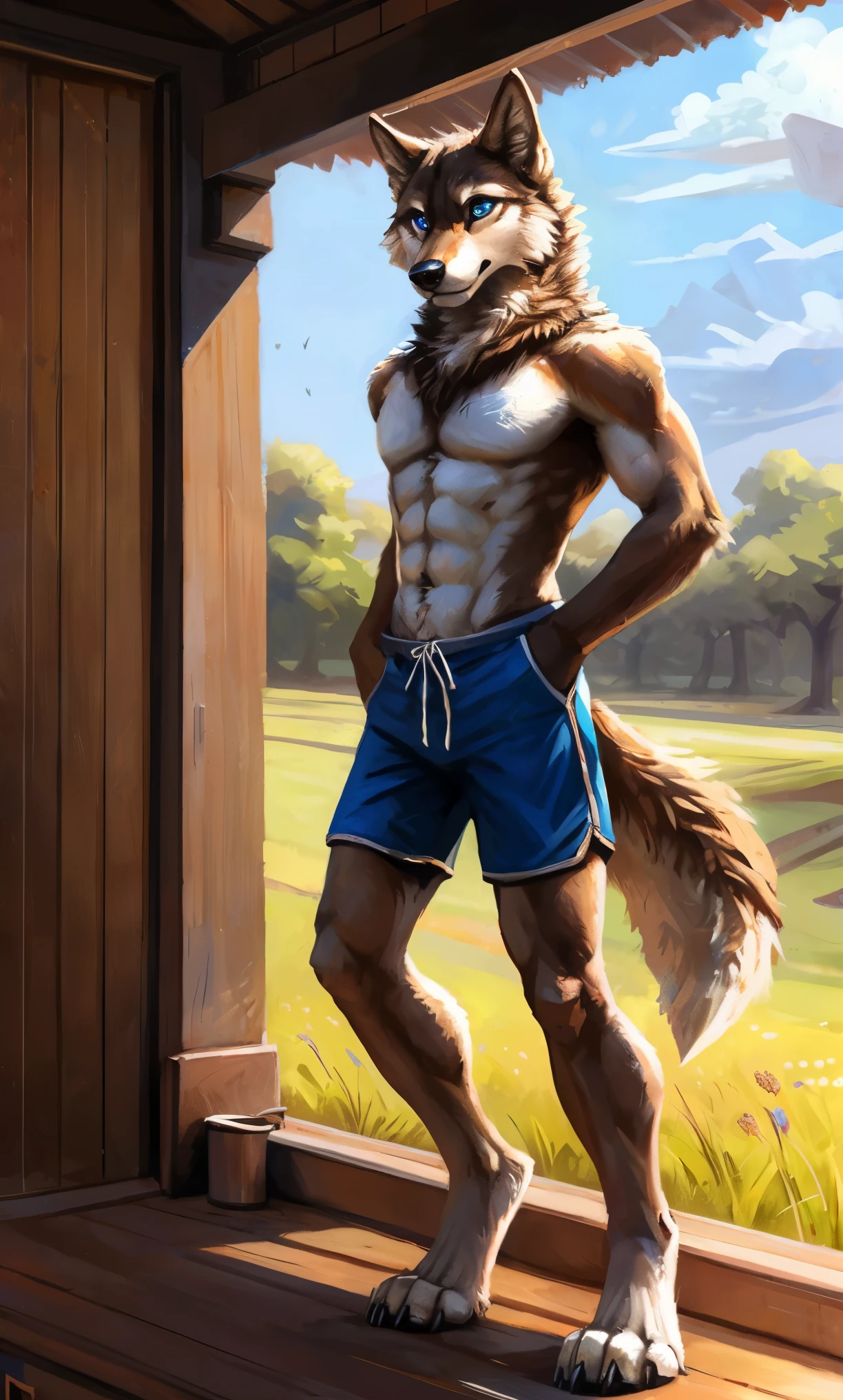 ((Solo)), male people, anthro wolf, (Multi-colored fur, White-brown:1.3，White tail pointed), (Height 2.1m,Tail length 1.2m), ((Wolf face, Big eyes, White eyelids, Blue pupil, Slim:1.2) (Tough, Calm expression:1.2)), Abs, Slim, pinging)), (Correct anatomy), (Work shorts:1.1), The upper body  naked, (detailed outfits),A long big tail，Feet，(Realistic fur, Detailed fur texture, labeled:1.3)), (Natural lighting), Photorealistic, Hyperrealistic, ultradetailed, by Kenket，Field，erect through，Running on