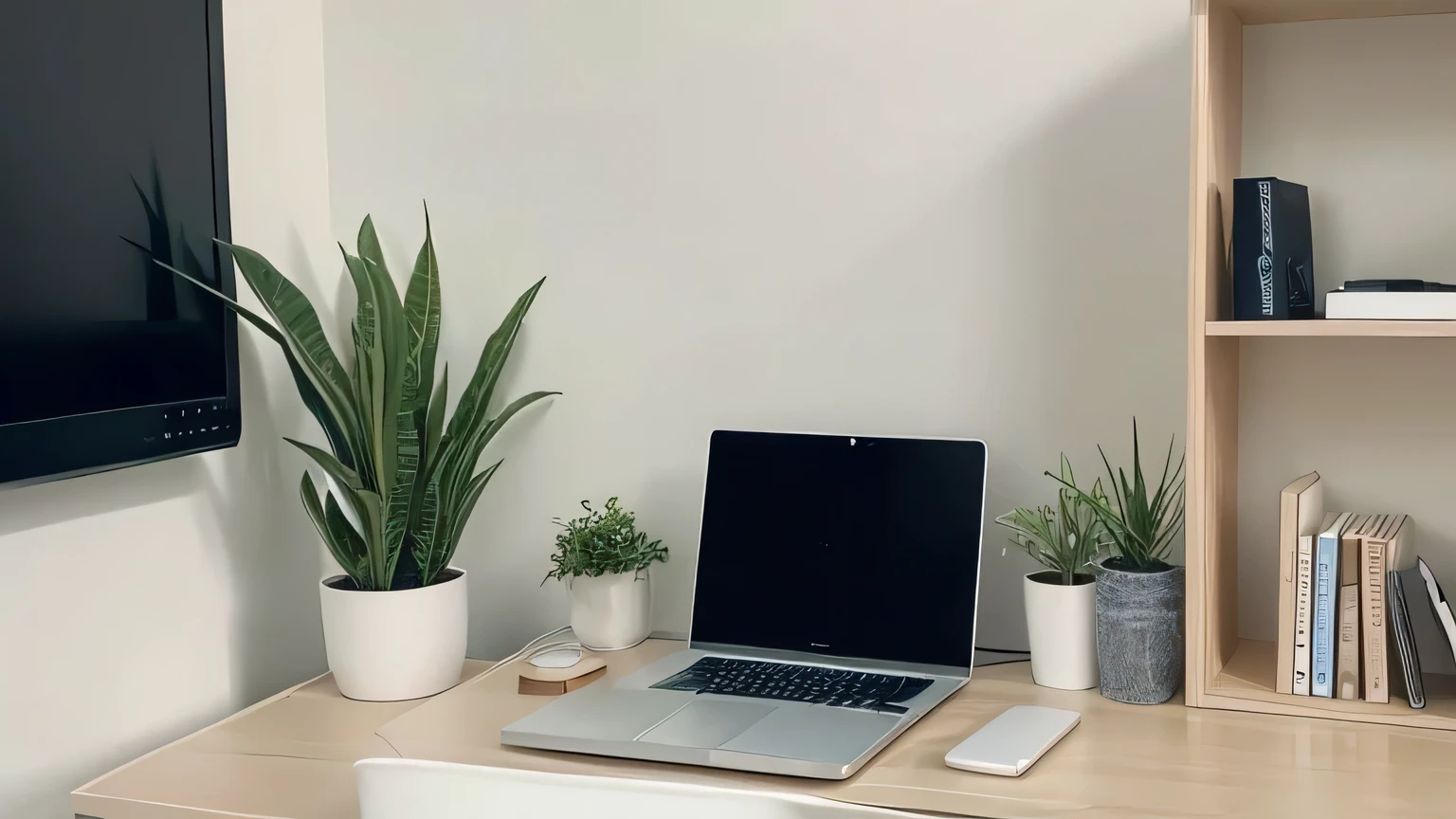 A calm and professional background for online meetings at home。In the background is a minimalist home office setup.、Tidy desk、laptop、plant、The bookshelves are arranged。The color is soft gray、blue、The design is unified with neutral colors such as white.、Creates a calm and focused atmosphere。The lighting is natural and soft、Adds a relaxing atmosphere、The perfect setup for productive and uninterrupted virtual meetings。