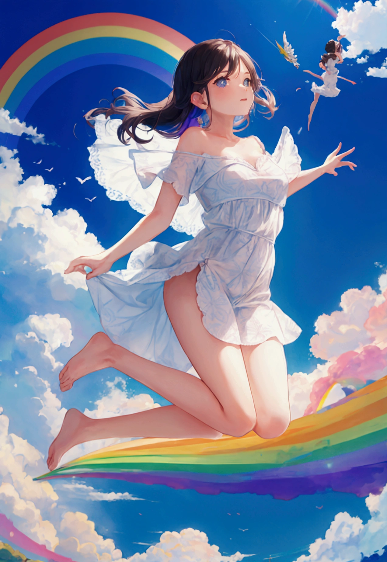 Woman jumping into the rainbow sky