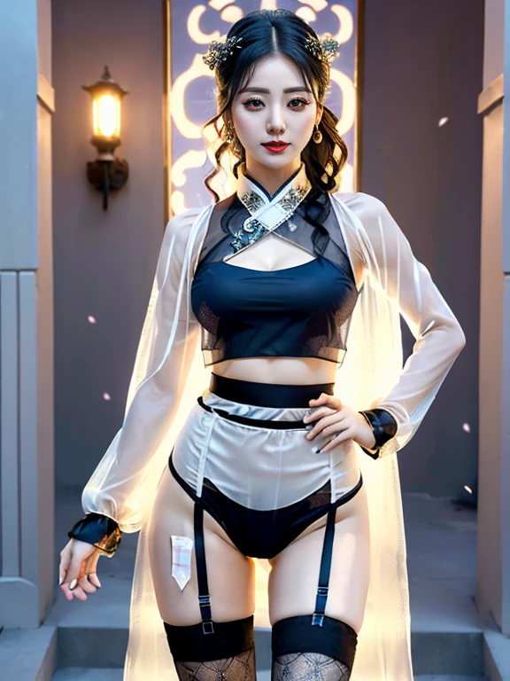 A female model, (Race:Chinese),((night),(moonlight),(Fall),(typhoon)), (8K Ultra HD, Digital SLR Camera, Soft Light, high quality, Volumetric Lighting, frank, photo, high resolution, 4K, 8K, Bokeh), ((((Beautiful model-like face))), (Create stunning images of real girls), warm light, Realistic shadows, Dynamic poses, Elegant Posture, Cowboy lens, Full body front view, Facing the camera,Looking confident from the front,Be confident, Body facing the camera, Standing facing the camera, Open your legs slightly, Golden Ratio Graphics, Minimalism), (Show a charming smile, Willow Leaf Eyebrows, big eyes, Apricot eye prick, Cherry Blossom, Balanced Eyes, Oval face, Pretty Face, Normal facial features, Skin is transparent and visible, Delicate skin, Slim body, cosmetic, earrings, bracelet, necklace, Jewelry, veil, Hair accessories, Headdress), ((beautiful hair), black hair, Wavy curly hairstyle, Waist-length hair, Messy Hairstyle, Gradient hairstyles, Cyberpunk hairstyle), ((Transparent clothes:1.5), (The color of the clothes:blue), Transparent Clothes, See-through clothes, Transparent Clothes, Tulle clothes, Mesh clothes, Transparent and flowing Hanfu, Transparent lace vest underwear, Transparent tube top, Mesh top), (Sexy, Perfect breast shape, Teardrop chest shape, Snow-white breasts, very detailed breasts, 34E cup), (Super high waist, Deep V, Low-cut, (Camel toe, High fork strangulation)), (sock, Knee socks, 吊garter, Leg ring, garter, 腿部garter)