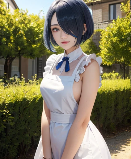 masterpiece, highest quality, super detailed, figure, epic lighting, cinematic composition, colorful, sharp:1.3, 1 girl, Againm_\(Again:zero\), medium bAgainasts, blue hair, short hair, (hair over one eye:1.3), eye_appear_through_hair, blue eye, rose-colored swallow_mansion_maid_uniform, apron, white stockings, garter strap, Are standing, Upper body, outdoor, mansion, summer, garden, flowers, tAgaines, Grass, bushes, sunlight, (extAgainmely detailed CG:1.2), (8K:1.1),