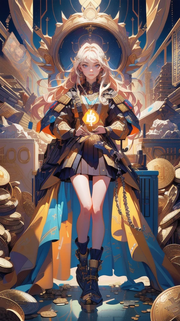 cartoon of a girl with a phone in her hand surrounded by coins, 4 2 0 0 k, illustration daily deviation, bitcoin evil, 4 0 0 0 k, an epic majestical degen trader, technological anguish, official artwork, typical cryptocurrency nerd, 4800k, (digital art), album art