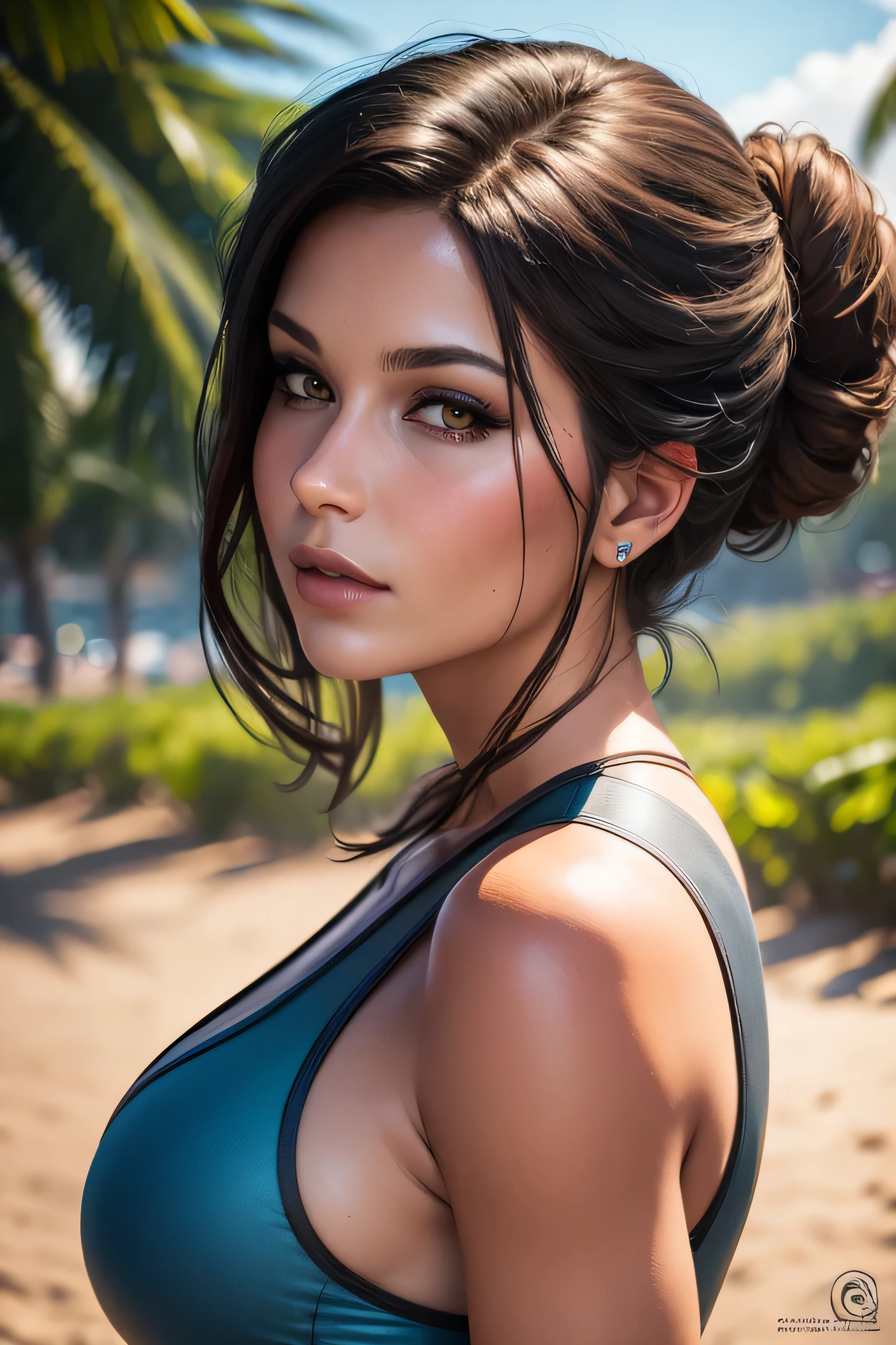 a 35 year old Lara Croft standing between palm trees on a tropical beach, wearing a one piece dark blue bathing suit, DLSR, sharp focus, soft lighting, photorealistic, masterpiece, perfect face, ultra detailed face, beautiful brown eyes, beautiful face, perfect anatomy, 8k, masterpiece, ultra detailed, view from the back