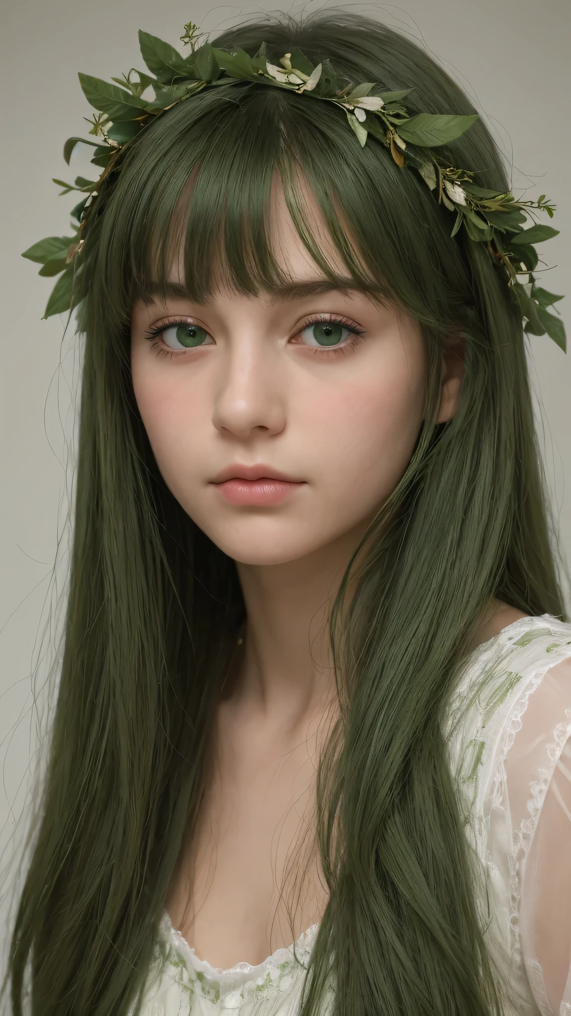 a girl. Europe. Extremely detailed face. Oval face. delicate facial features. half-closed eyes. long straight hair. messy hair. bangs. green hair. green eyes. wreath on head. Sad. shy. straight face