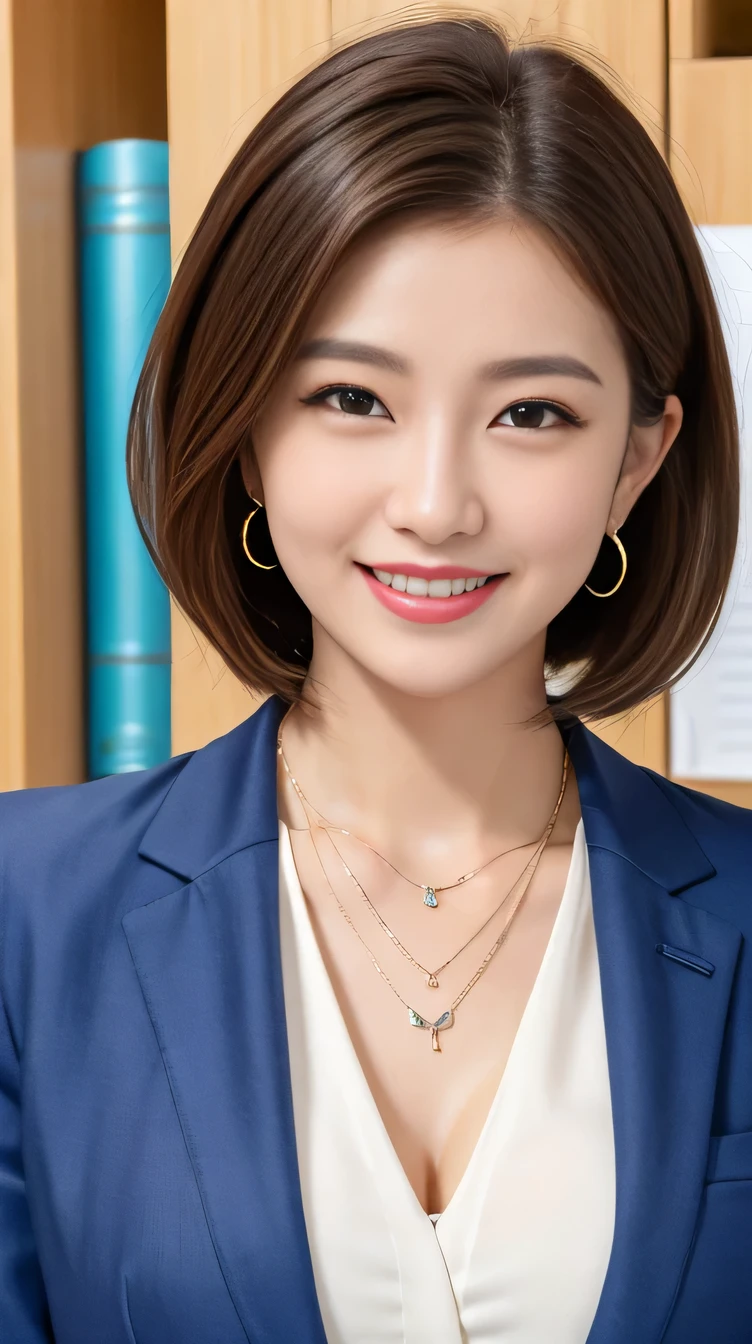 RAW Photos, High resolution, Very detailed, Intricate details, 、ear piercing、smile、Beautiful teeth alignment、Short Haircut、Brown Hair、Clear beauty,(High quality fabric, Office Lady Suits 、Necklace around the neck、, The background is the office