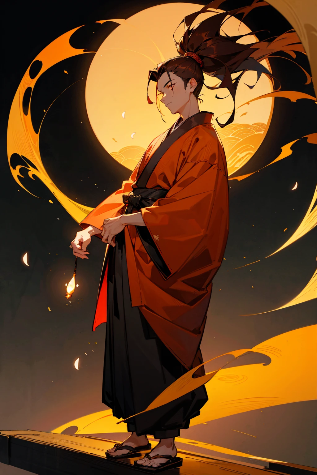 1male, dark auburn hair, styled in a sleek top knot, warm amber eyes, serene expression, traditional dark kimono with intricate lantern motifs embroidered in gold, loose-fitting black hakama pants, simple wooden sandals, a subtle red silk sash, enchanting traditional Japanese garden background with glowing paper lanterns hanging from cherry blossom trees, detailed face, hands to side, standing on path
