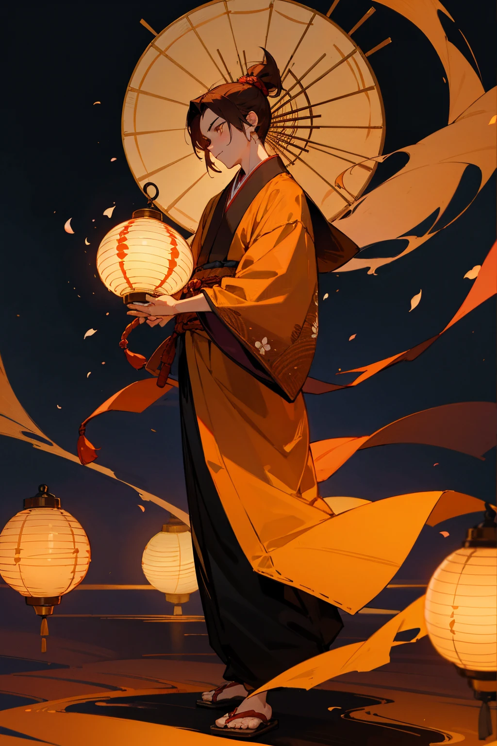 1male, dark auburn hair, styled in a sleek top knot, warm amber eyes, serene expression, traditional dark kimono with intricate lantern motifs embroidered in gold, loose-fitting black hakama pants, simple wooden sandals, a subtle red silk sash, enchanting traditional Japanese garden background with glowing paper lanterns hanging from cherry blossom trees, detailed face, hands to side, standing on path