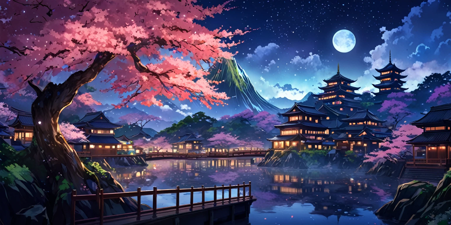 A painting of a Highly detailed, beautiful landscape, japanese aesthetic, sakura tree, concept art inspired by Tosa Mitsuoki, pixiv contest winner, best quality, fantasy art, beautiful anime scene, dream painting, Anime Background Art, Fantasy Landscape Art, Fantasy Night, Anime Background, Background Artwork, Fantastic Art, Atmospheric Anime, Night time, Detail Enhanced, futuristic style building
