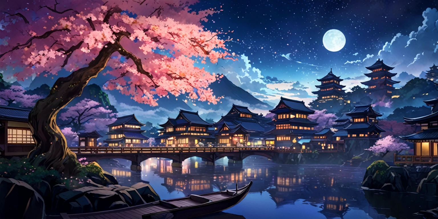 A painting of a Highly detailed, beautiful landscape, japanese aesthetic, sakura tree, concept art inspired by Tosa Mitsuoki, pixiv contest winner, best quality, fantasy art, beautiful anime scene, dream painting, Anime Background Art, Fantasy Landscape Art, Fantasy Night, Anime Background, Background Artwork, Fantastic Art, Atmospheric Anime, Night time, Detail Enhanced, futuristic style building
