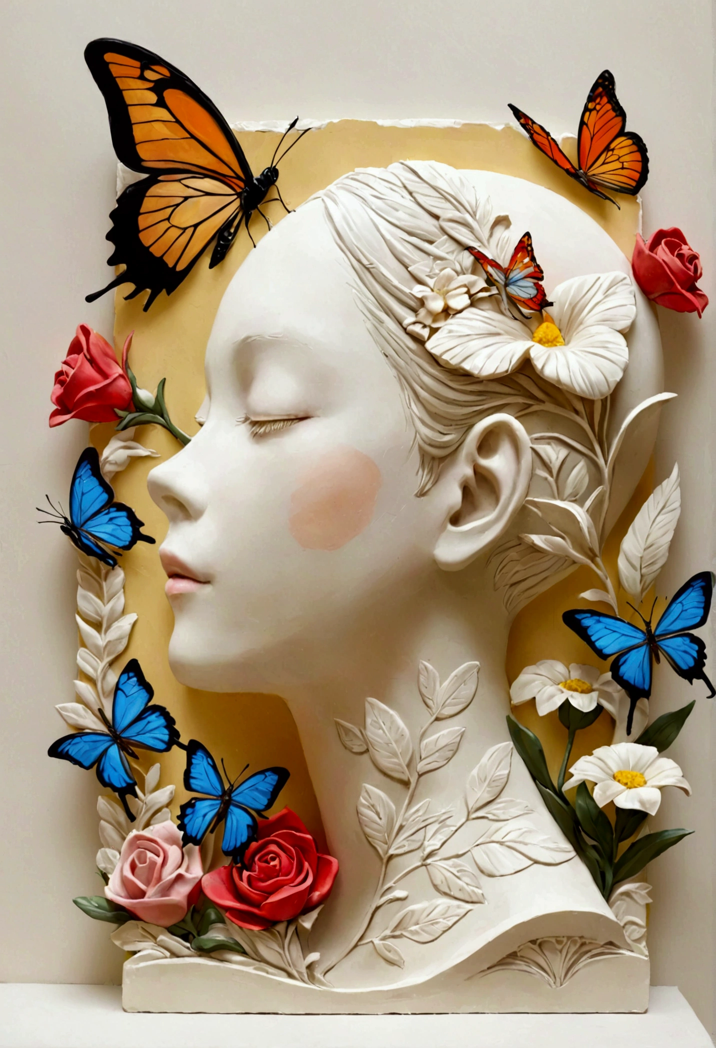 Profile plaster portrait - head up,bird、Butterfly、Plants and flowers。