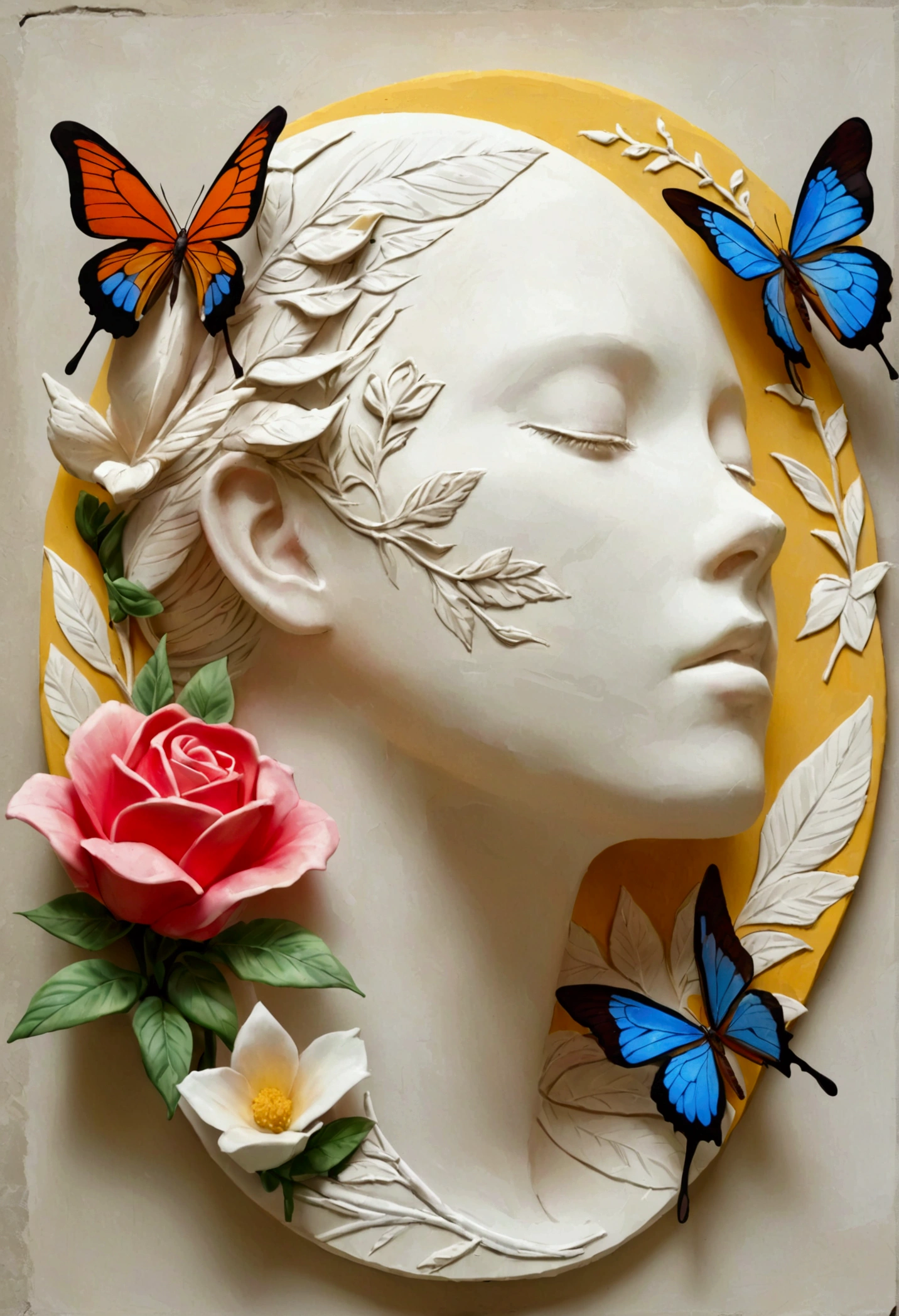 Profile plaster portrait - head up,bird、Butterfly、Plants and flowers。