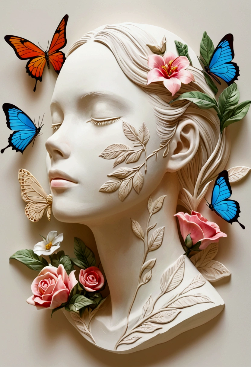 Profile plaster portrait - head up,bird、Butterfly、Plants and flowers。