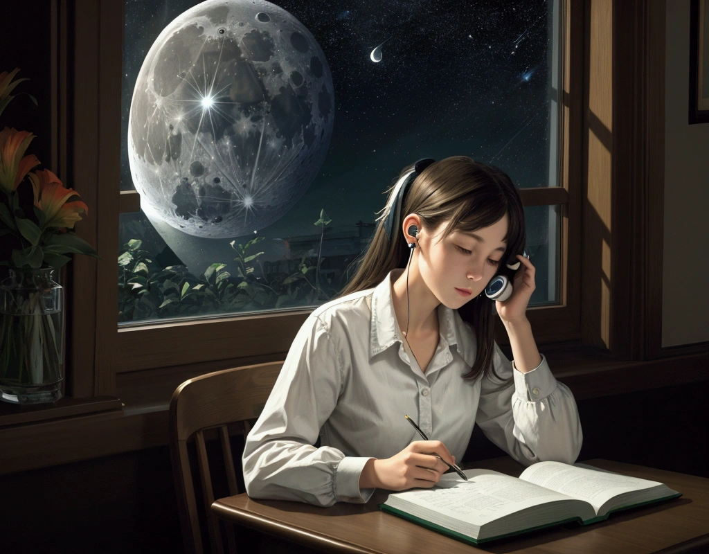 best quality image, work of art, ultra-high resolution, (Fidelity: 1.4), fot, a girl, Reading at the table, earbuds, in the window shows moon and stars