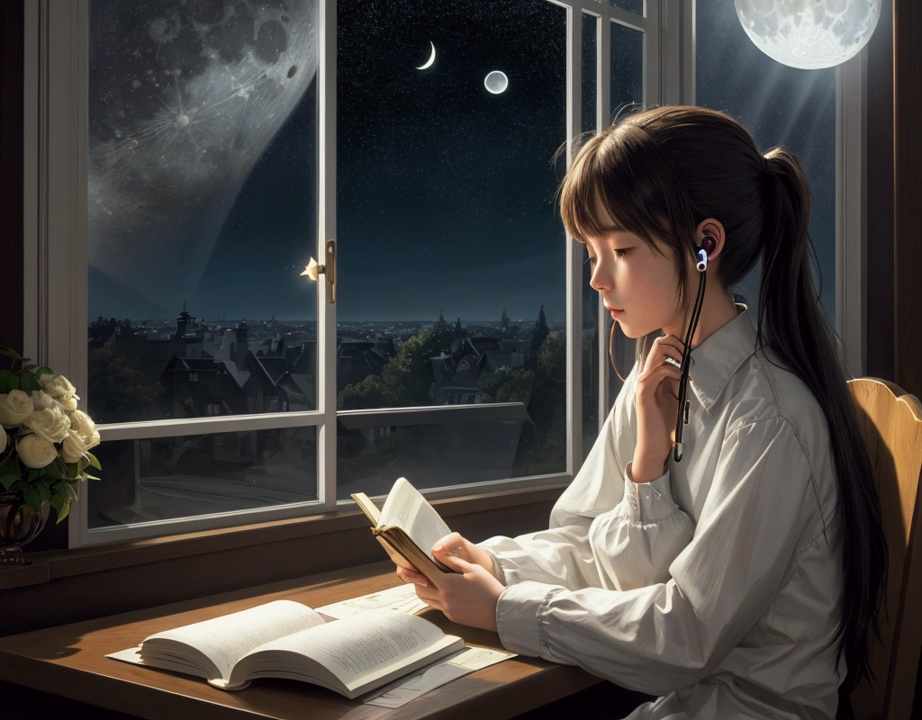 best quality image, work of art, ultra-high resolution, (Fidelity: 1.4), fot, a girl, Reading at the table, earbuds, in the window shows moon and stars