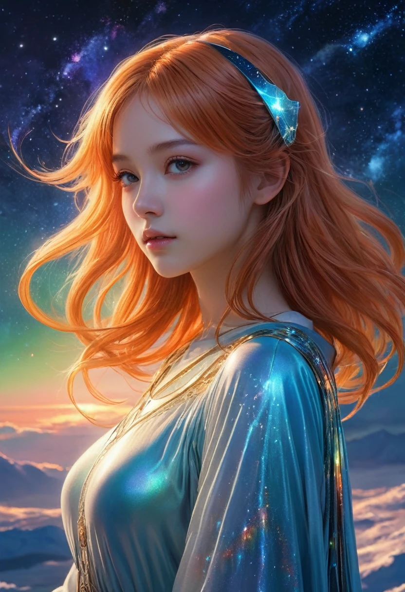 (Highest quality,4K,8k,High resolution,masterpiece:1.2),Very detailed,(Realistic,photoRealistic,photo-Realistic:1.37),Night Sky, Spiritual cosmic beings (Translucent girl:1.5), beautiful, whole body, slender, Beautiful feet, Foot length, Right facing, Bob Hair, Orange Hair, Straight Hair, , bangs, 長いbangs , Fluttering Hair,cyber punk, Fantasy, dream-like, Astronomical Diagram, 息を呑むほどbeautiful星空, Mysterious Galaxy, Sparkling constellations, Vivid nebulae, Swirling colors, Shining Moon, Shining Northern Lights, Fascinating iridescent stardust, Otherworldly atmosphere, Heavenly brilliance, Infinite Expansion, Heavenly Beauty, Transcendent Existence, Seductive energy, celestial harmony, Heavenly Silence, Space Serenade, An ethereal whisper, Fascinating space dance, The Graciousness of God, Heavenly brilliance, space magic,