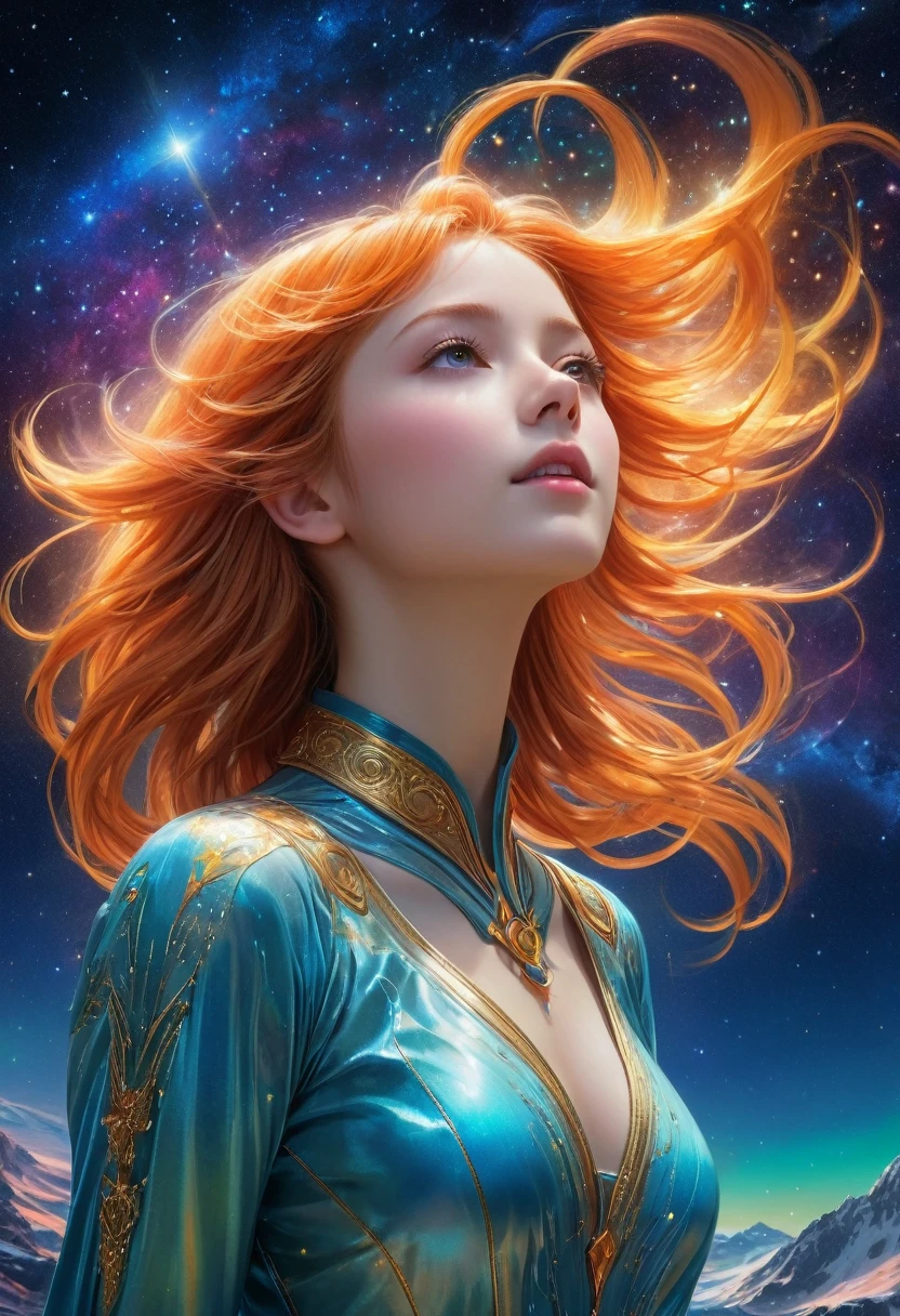 (Highest quality,4K,8k,High resolution,masterpiece:1.2),Very detailed,(Realistic,photoRealistic,photo-Realistic:1.37),Night Sky, Spiritual cosmic beings (Translucent woman:1.5), beautiful, Long Hair, Orange Hair, Fantasy, dream-like, Astronomical Diagram, 息を呑むほどbeautiful星空, Mysterious Galaxy, Sparkling constellations, Vivid nebulae, Swirling colors, Shining Moon, Shining Northern Lights, Fascinating Stardust, Otherworldly atmosphere, Heavenly brilliance, Infinite Expansion, Heavenly Beauty, Transcendent Existence, Seductive energy, celestial harmony, Heavenly Silence, Space Serenade, An ethereal whisper, Fascinating space dance, The Graciousness of God, Heavenly brilliance, space magic,