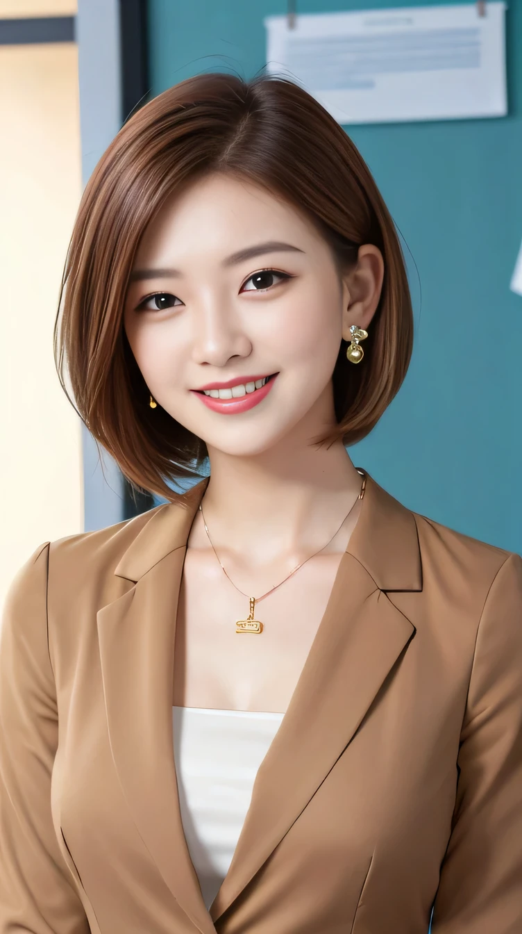 RAW Photos, High resolution, Very detailed, Intricate details, 、ear piercing、smile、Beautiful teeth alignment、Short Haircut、Brown Hair、Clear beauty,(High quality fabric, Office Lady Suits 、Necklace around the neck、, The background is the office