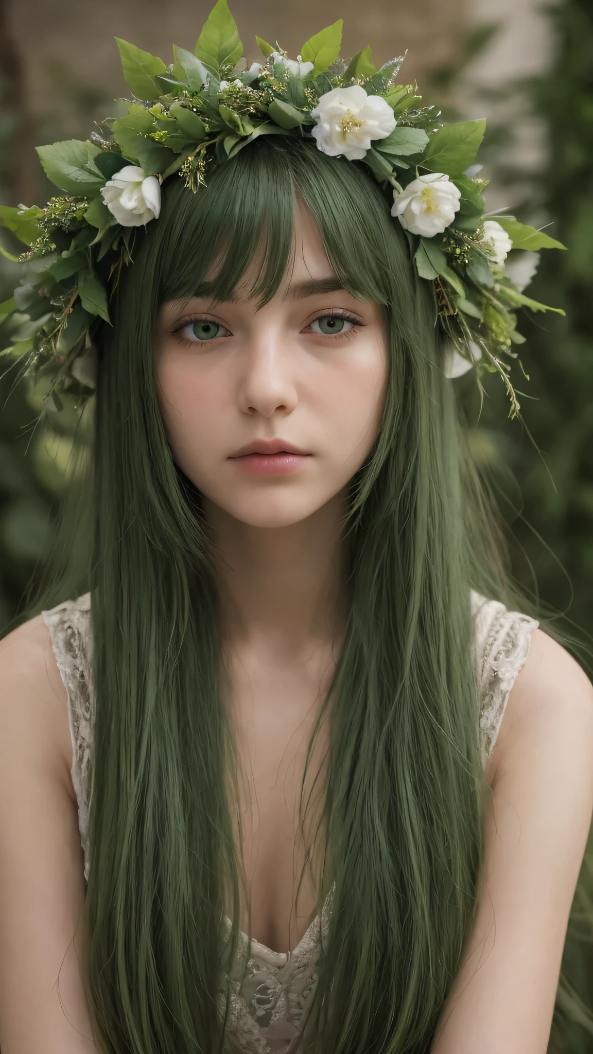 a girl. Europe. Extremely detailed face. Oval face. delicate facial features. half-closed eyes. long straight hair. messy hair. bangs. green hair. green eyes. wreath on head. afraid. Sad. shy. straight face