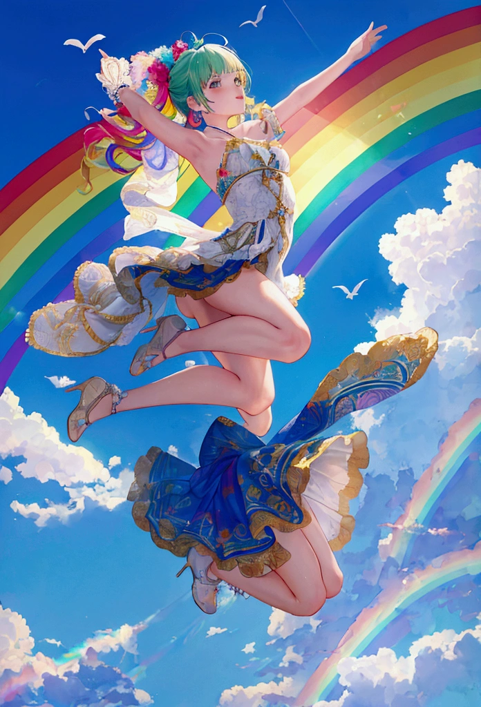 Woman jumping into the rainbow sky