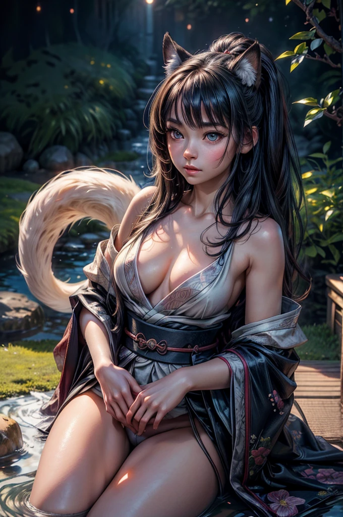 realistic, analog photo, Masterpiece, RAW photo, full-length portrait, hyper realistic, ultra detailed image, Kizune, (mythical Creature of Japanese Mythology And Folklore), detailed portrait of anthropomorphic she-fox, with fox tail, in traditional japan garden, moonlight, little spotlight, fractal, cover, detailed background, depth of field, HOF, hall of fame, detailed beautiful eyes, detailed beautiful face, natural body posture, lifelike skin texture, kodak portra 400, 16k, ultra detailed, bokeh lighting, dark fantasy atmospheric, fantasy aura, film grain, cinematic light, cinematic composition, depth of field, rim light