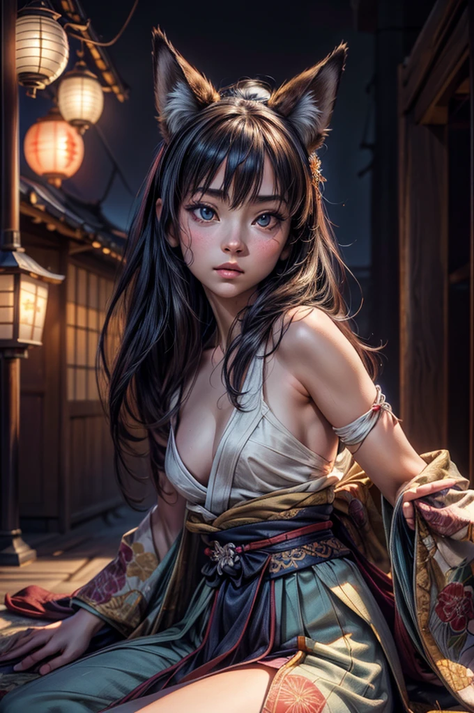 realistic, analog photo, Masterpiece, RAW photo, full-length portrait, hyper realistic, ultra detailed image, Kizune, (mythical Creature of Japanese Mythology And Folklore), detailed portrait of anthropomorphic she-fox, with fox tail, in traditional japan garden, moonlight, little spotlight, fractal, cover, detailed background, depth of field, HOF, hall of fame, detailed beautiful eyes, detailed beautiful face, natural body posture, lifelike skin texture, kodak portra 400, 16k, ultra detailed, bokeh lighting, dark fantasy atmospheric, fantasy aura, film grain, cinematic light, cinematic composition, depth of field, rim light