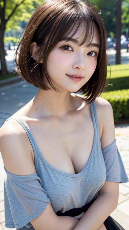 (((Shoulder-length brown hair with straight mini bob、Loose hairstyle)))、(((Summer park in the background、Pose like a model at the hair salon)))、(((Random cute summer casual outfits)))、Face close-up、Half Japanese and half Korean、18-year-old girl、independent、look forward to、Light eye makeup、Brown Hair Color、flat 、Hair blowing in the wind、Quality of actress、Shiny, Ultra-realistic faces、smile、Watery eye、look up、Subtle lighting effects、 Ultra-Realistic Capture、Very detailed、High resolution 16K human skin closeup。Skin texture must be natural、The details must be clear enough to identify pores..、skin is healthy、There must be a unified tone、Use natural light and colour、High quality photos taken by modeling agencies'Exclusive photographer、smile