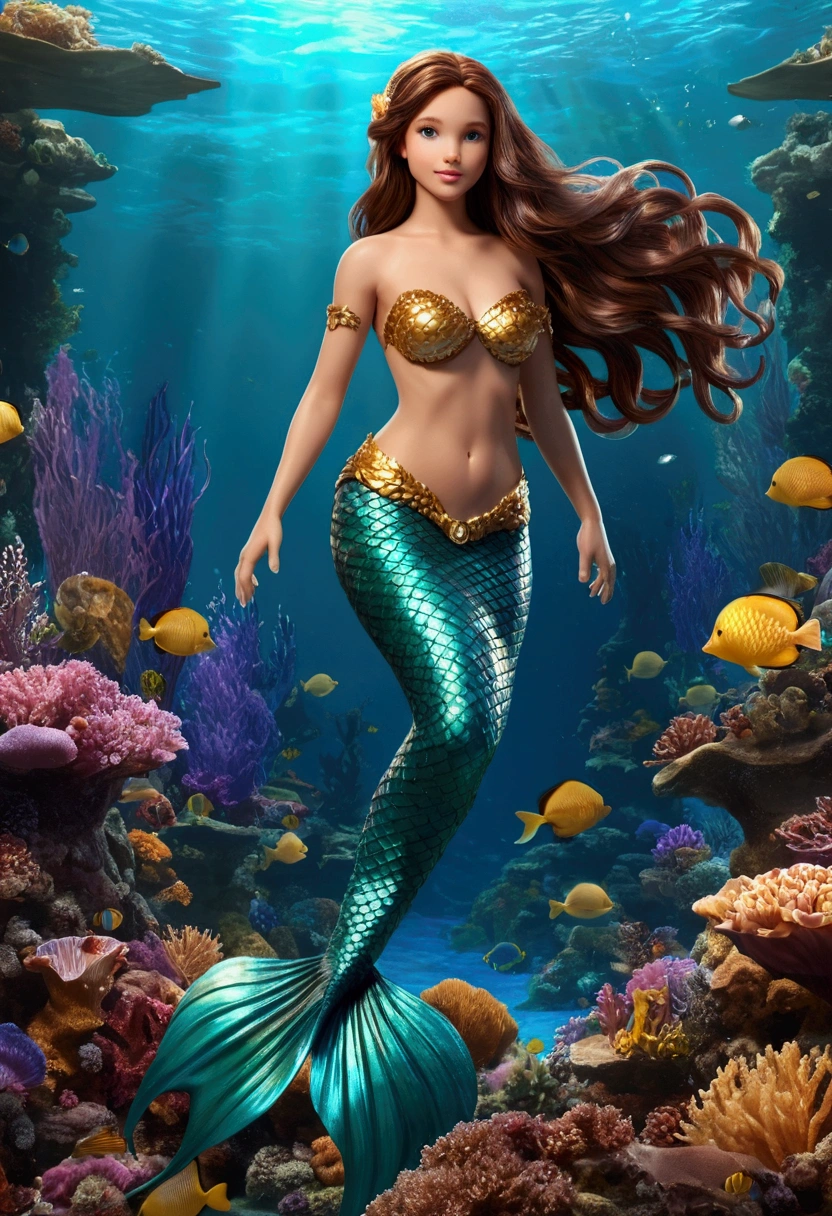 (professional 3d render:1.3) ((Mermaid swims all over)) (Realistic:1.3) most beautiful artwork photo in the world，(((Brown hair))), (( Brown eyes)), brunette, Caucasians, ((long mermaid tail)), (((Detailed mermaid fins))), full body esbian, sport, Features: Soft and shiny, ((Epic mermaid fantasy long hair in dynamic pose,Full tail golden, Fantastic location under Sea, Majestic cluttered environment)), full body (upper (((body nude, no clothes uper body)))8k unity render, action  shot, skin pure, heavyshading, Detailed, Detailed face, (vibrant, photograph realistic, Realistic, Dramatic, Dark, Sharp focus, 8K), (fish scales on tail:1.4), ((((Mermaid tail)))), (Intricate:1.4), decadent, (Highly detailed:1.4), Digital painting, rendering by octane, art  stations, concept-art, smooth, Sharp focus, illustration, Art germ, (loish:0.23), (Global illumination, Studio light, volumettic light), Underwater, Ocean, lotr, fantasy, mermaid, ((Sea backgroun:1.3)),CGSesociety,art  stations
