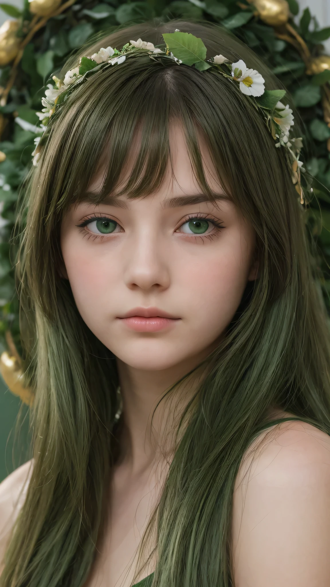 a girl.  Europe.  Extremely detailed face.  Oval face.  delicate facial features.  half-closed eyes.  long straight hair.  messy hair.  bangs.  green hair.  green eyes.  wreath on head.  afraid.  shy.  straight face