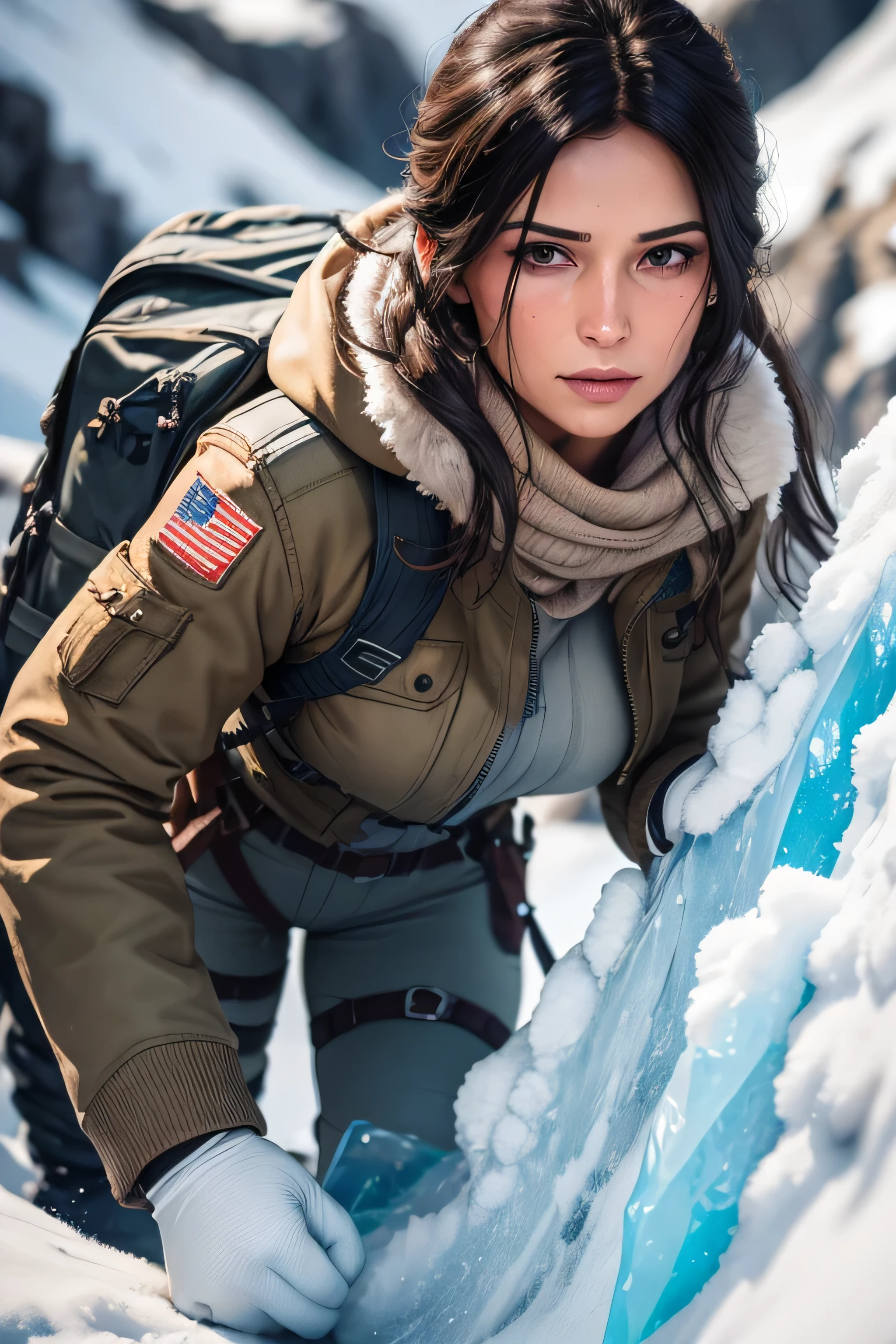 a 35 year old Lara Croft climbing a glacier with an ice axe, snow clothes, glacier, ice, snowing, cold weather, storming, DLSR, sharp focus, soft lighting, masterpiece, perfect face, ultra detailed face, perfect brown eyes, beautiful face, perfect anatomy