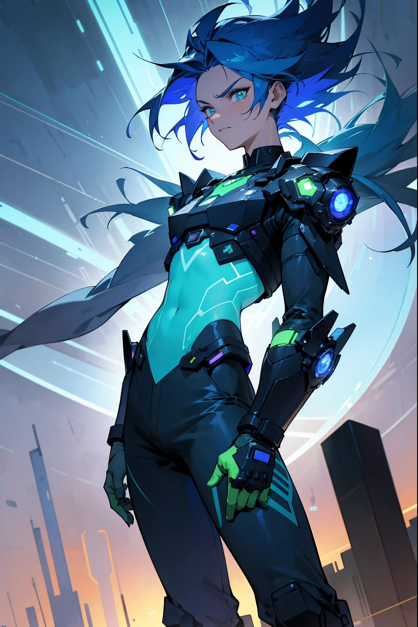 1male, cobalt blue hair, styled in a spiked, gravity-defying manner, neon green eyes, enigmatic expression, futuristic silver vest with glowing circuitry patterns, baggy indigo pants with metallic accents, high-tech boots with dynamic lights, a holographic wristband, fantastical cityscape background with floating buildings and vibrant lights, detailed face, hands to side, standing on path